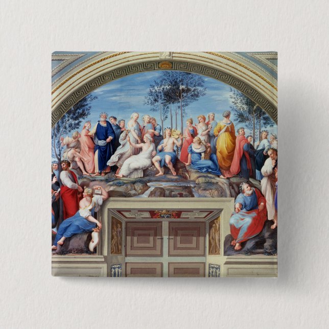 Badge Carré 5 Cm Parnassus et le Disputa, du della S de strophe (Devant)