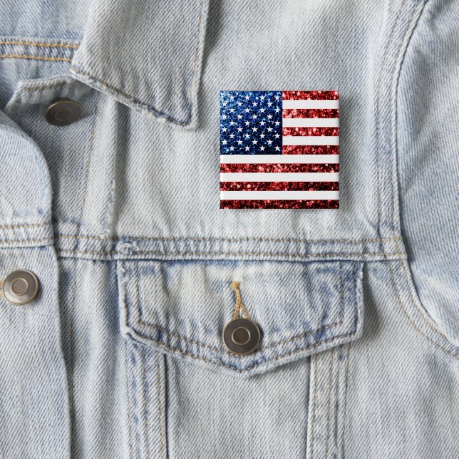 Badge Carré 5 Cm PARTIES SCINTILLANT américaines drapeau rouge bleu (En situation)