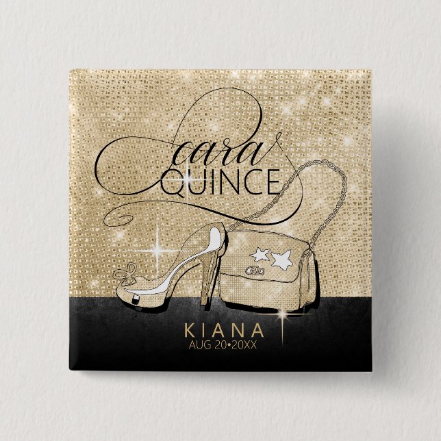 Badge Carré 5 Cm Parties scintillant et brillant Quinceanera V2 Noi (Devant)