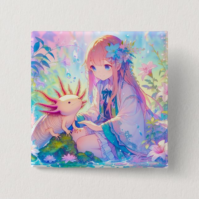 Badge Carré 5 Cm Pastel Anime Girl et un Axolotl (Devant)