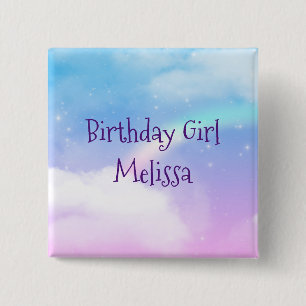 Badge Carré 5 Cm Pastel Clouds et une fille d'anniversaire arc-en-c