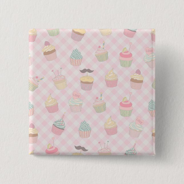 Badge Carré 5 Cm Pastel Pink Gingham Cute Cupcakes Pattern (Devant)