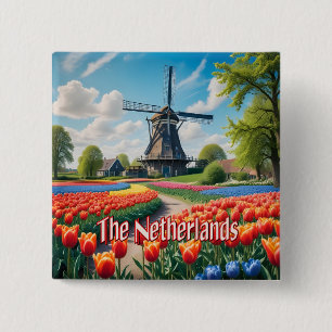Badge Carré 5 Cm Pays-Bas Windmill & Tulips