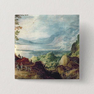 Badge Carré 5 Cm Paysage avec la mer et les montagnes (huile sur la