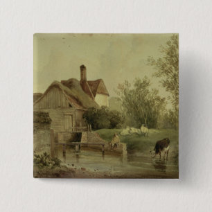 Badge Carré 5 Cm Paysage avec un cottage