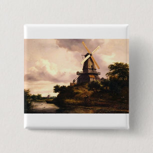 Badge Carré 5 Cm Paysage avec une œuvre d'art de moulin à vent