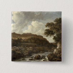 Badge Carré 5 Cm Paysage boisé montagneux avec un torrent