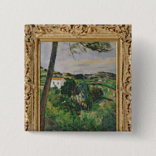 Badge Carré 5 Cm Paysage de Paul Cezanne   avec le toit rouge ou le
