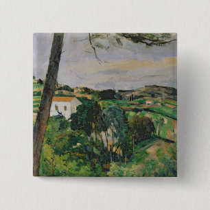 Badge Carré 5 Cm Paysage de Paul Cezanne avec le toit rouge ou le