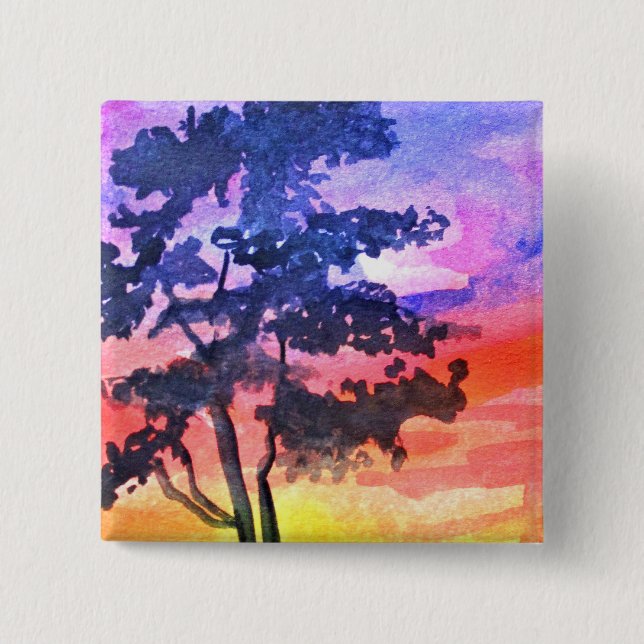 Badge Carré 5 Cm Paysage de rêve au coucher du soleil en aquarelle (Devant)