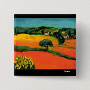 BADGE CARRÉ 5 CM PAYSAGE DE TOSCANE AVEC TOURNESOLS