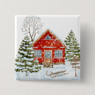 Badge Carré 5 Cm Paysage d'hiver Maison rouge