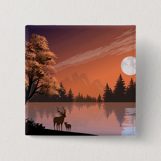 Badge Carré 5 Cm Paysage du lever du soleil avec lac et Deers-51207 (Devant)