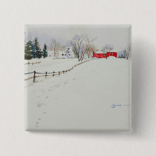 Badge Carré 5 Cm Paysage enneigé aquarelle