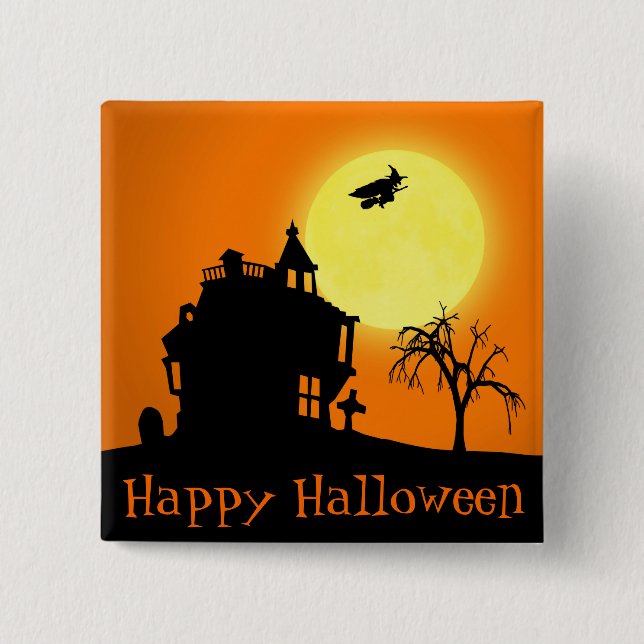 Badge Carré 5 Cm Paysage heureux de silhouette de Halloween (Devant)