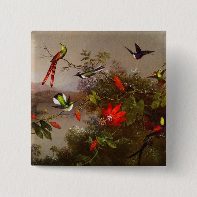 Badge Carré 5 Cm Paysage tropical avec dix colibris (Devant)