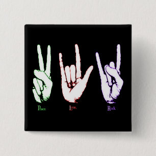 Badge Carré 5 Cm Peace Love Rock Langue des signes Bouton noir