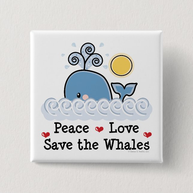 Badge Carré 5 Cm Peace Love Save The Whales Button (Devant)