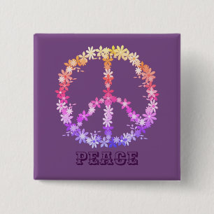Badge Carré 5 Cm Peace sign with colorful flowers,Personalized text