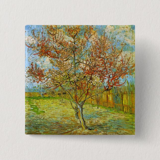Badge Carré 5 Cm Peach Tree rose en fleurs par Vincent van Gogh (Devant)