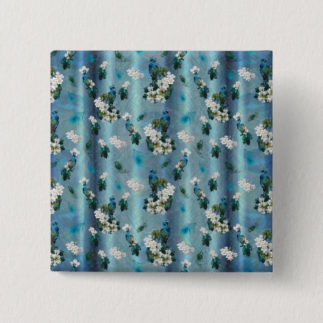 Badge Carré 5 Cm Peacocks & Emerald Green Soie métallique (Devant)