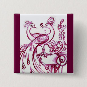 Badge Carré 5 Cm PEACOCKS IN LOVE Red and White
