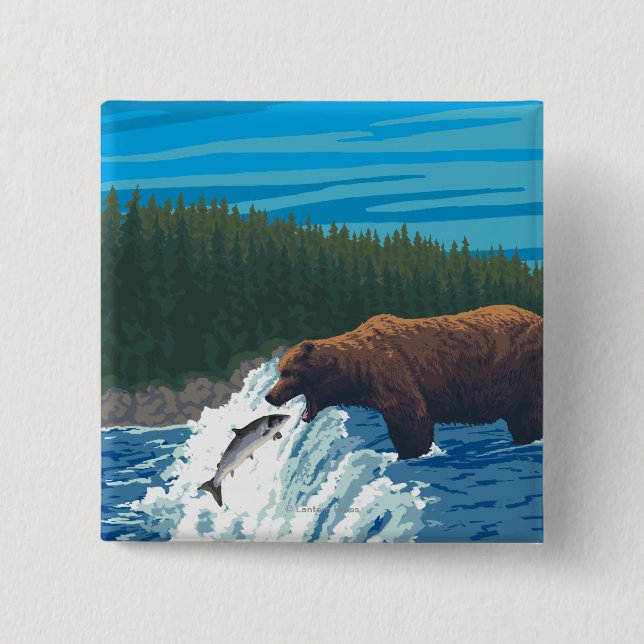 Badge Carré 5 Cm Pêche à l'ours dans la rivière - Wyoming (Devant)