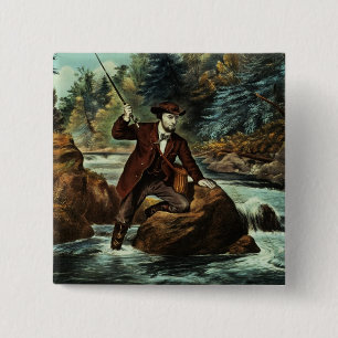 Badge Carré 5 Cm Pêche de truite de ruisseau - un moment soucieux,