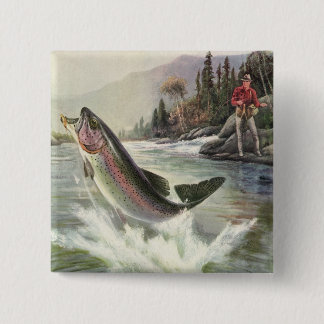 Badge Carré 5 Cm Pêche vintage à la truite arc-en-ciel, Pêche des p