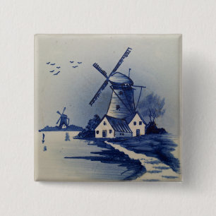 Badge Carré 5 Cm Peinture d'art vintage bleu et blanc Delft
