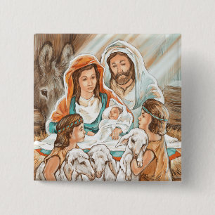 Badge Carré 5 Cm Peinture de nativité avec de petits garçons de