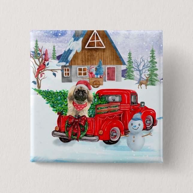 Badge Carré 5 Cm Pekingese Chien dans la livraison de Noël Camion N (Devant)