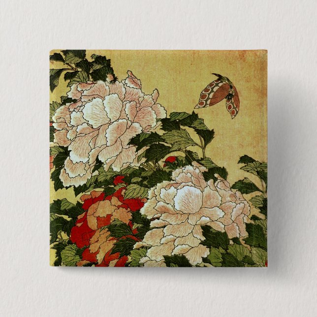 Badge Carré 5 Cm Peonies et papillons Hokusai Art japonais (Devant)