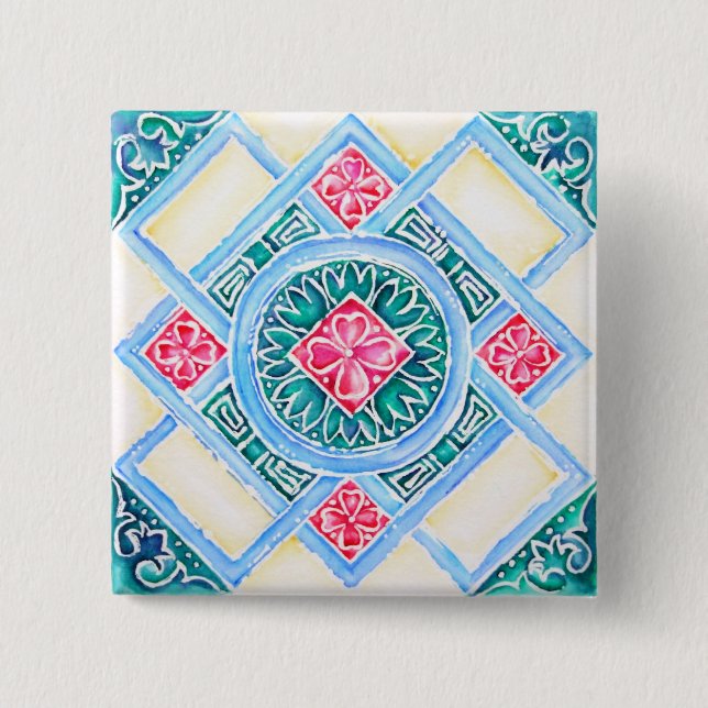 Badge Carré 5 Cm Peranakan Carreaux géométriques Carré Turquoise (Devant)