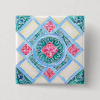 Badge Carré 5 Cm Peranakan Carreaux géométriques Carré Turquoise