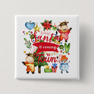 Badge Carré 5 Cm Père Noël arrive en ville - Vaches mignonnes fête 
