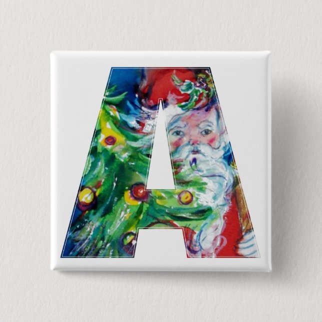 BADGE CARRÉ 5 CM PÈRE NOËL AVEC BALLONS ET ARBRE DE NOËL UN MONOGRA (Devant)