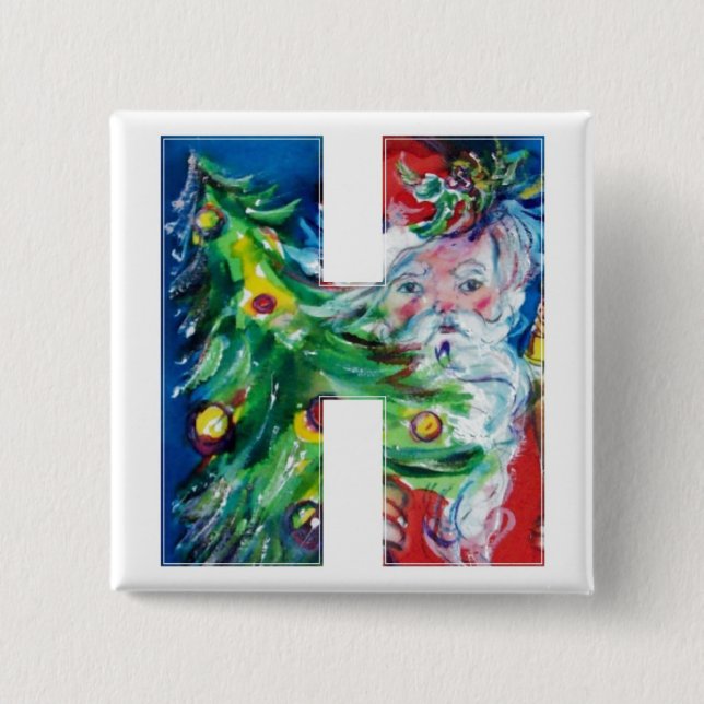 BADGE CARRÉ 5 CM PÈRE NOËL AVEC BALLONS ET NOËL ARBRE H MONOGRAMME (Devant)