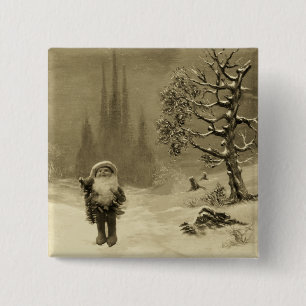 Badge Carré 5 Cm PÈRE NOËL DES GNOMES Funny Noël Sepia Brown