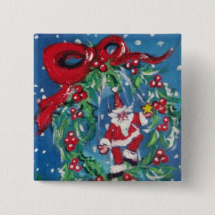 BADGE CARRÉ 5 CM PÈRE NOËL ET NOËL COURONNE DE NUIT AVEC RIBBON ROU