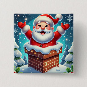 Badge Carré 5 Cm Père Noël festif sortant de la cheminée