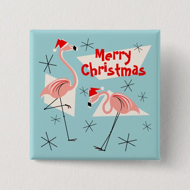 Badge Carré 5 Cm Père Noël flamant rose bouton bleu Joyeux Noël car (Devant)