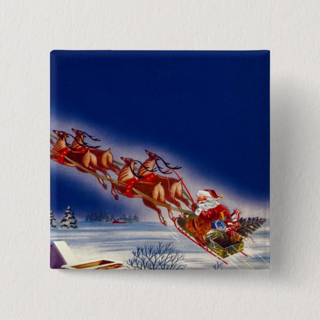 Badge Carré 5 Cm Père Noël sur son Sleigh (Devant)