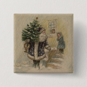 Badge Carré 5 Cm Père Noël Vintage Neige Arbre de Noël