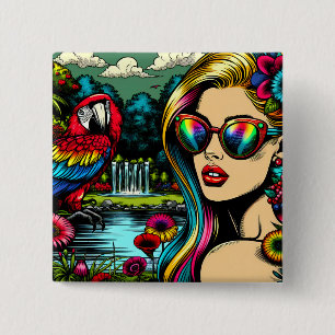 Badge Carré 5 Cm Perroquet mignon et belle femme dans un jardin