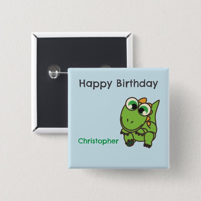 Badge Carré 5 Cm Personalized cute green dinosaurs blue birthday (Devant & derrière)