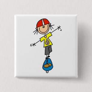 Badge Carré 5 Cm Personnage de bonhomme allumette qui fait du skate