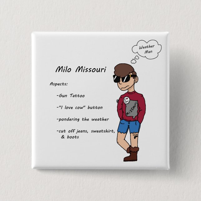 Badge Carré 5 Cm Personnage de Milo Missouri (Devant)