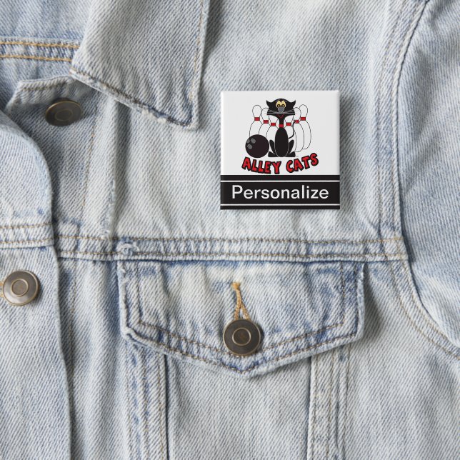 Badge Carré 5 Cm Personnaliser - Alley Cats Bowling Pin (En situation)