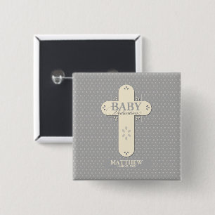 Badge Carré 5 Cm Personnaliser, croix crème et grise pour la dédica